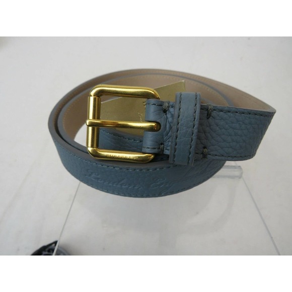BURBERRY THOMAS 25 DUSTY BLUE GRAIN LEATHER LOGO WOMEN\'S GOLD BUCKLE BELT 105 42